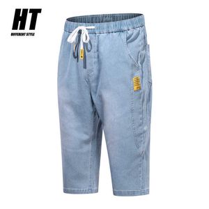 Sommar mäns stretch kort märke bomull jeans denim shorts män baggy wide ben hög kvalitet elastisk bermuda boardshort man 210603