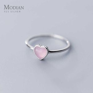 Подлинные 925 стерлингового серебра романтические розовые опаловые сердца кольца для женщин регулируемое открытое кольцо пальцев мода изысканные украшения 210707