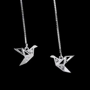 Origami Paper Crane Dangle Drop Earrings Sterling Silver Good Luck Cute Tassel Threader Long Chain Ear Line