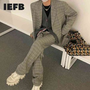 IEFB 남자의 두 조각 격자 무늬 양복 가을 느슨한 한국의 블레이저 코트 + 와이드 스트라이크 바지 캐주얼 패션 패션 세트 남성 9Y4229 210524