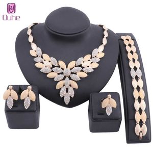 Dubai Bridal Crystal Jewelry Sets For Women Leaves Gold Necklace Earrings Bangle Ring Charm African Wedding Nigeria Jewelry Sets H1022