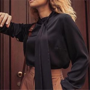 Women Blouses Tops Long Sleeves with Bowtie Collar Elegant Office Ladies Work Wear Classy Female Bluas Spring Fashion 210416