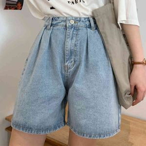 Solid Jeans Casual Cotton Shorts Summer Beige High-Waisted Wide-Leg Denim Vintage High Waist Women jeans 518F 210420