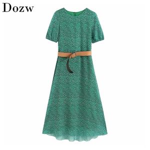 Fashion Print Dress With Belt O Neck Lantern Short Sleeve Chiffon es Ladies Plus Size Casual Long Female Robe Femme 210515