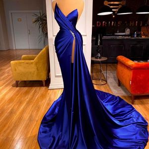 Royal Blue Satin Evening Dress Side Split Beading Pleat Mermaid Prom Gowns Women Formal Party Wear Vestidos De Novia