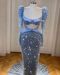 2022 Plus Size Arabic Aso Ebi Mermaid Sexy Sparkly Prom Dresses Long Sleeves Stylish Evening Formal Party Second Reception Birthday Engagement Gowns Dress ZJ700