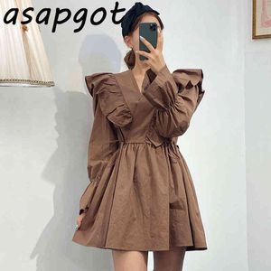 Vintage Chic Wild V Neck Ruffles Dress Short Patchwork Slim High Waist Lace Up Casual Mini Vestido Feminino Korean 210429