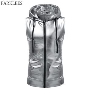 Sliver Metallic Zip Up Ärmlös Hoodie T Shirt Men Tin Man Kostym Nattklubb Styles Party Disco Slitage Tshirt med fickan 210522