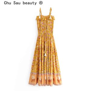 Boho Vintage Floral Print Long Strap Dress Women Holiday Draped Tassel Ruffles Beach Dresses Vestidos De Verano 210508