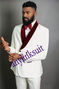 Sıcak Satış Kruvaze Fildişi Damat Smokin Şal Yaka Düğün / Balo / Akşam Yemeği Groomsmen Erkekler Suits Blazer (Ceket + Pantolon + Kravat) W1489