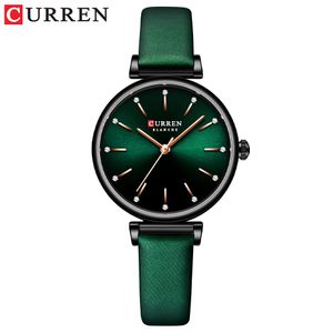 Curren Watches 9081ラインストーンダイヤルレザーブレスレットストラップレディレトログリーン魅力的な腕時計女性ダイヤモンド耐水腕時計女性