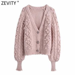 Zevity Women Fashion V Neck Ball Crochet Aplikacje Dzianiny sweter Płaszcz Femme Chic Diament Przycisk Casual Cardigan Topy SW810 210603