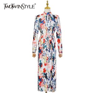 Элегантное печать плиссированные платья для женщин стойки воротник с длинным рукавом створки стройные максимальные платья женская весна мода 210520