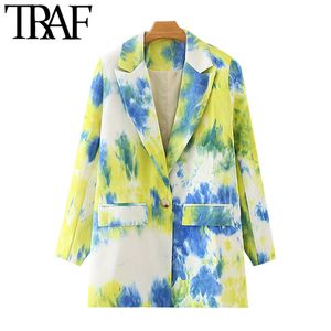 TRAF Women Fashion Single Button Tie-Dye Print Blazers Coat Vintage Långärmade Fickor Kvinnor OuterWear Chic Toppar 210415