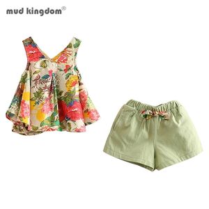 Mudkingdom Floral Girls Outfits Summer Holiday Flower Girl Sleeveless Blouse and Short Set Kids Clothing Suit Children 211025