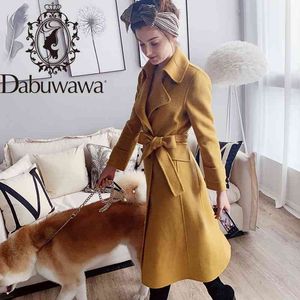 Dabuwawa Long Ullblandning Kvinnor Dubbelbröst Höst Vinter Wide-Waist Elegant Overcoat Outfit Top Female DT1DLN014 210520