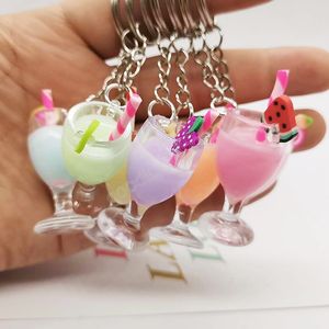 Sommar 3d bägare nyckelkedja harts charm simulering frukt dryck kopp hängen nyckelringar smycken för väska bil ryggsäck gåva för kvinnor