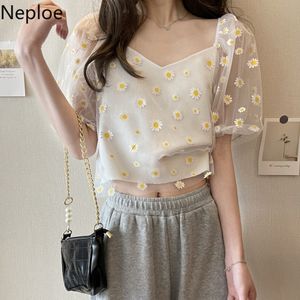 NEPLOE Korean Fashion Koszula Słodki Chic Gaza Patchwork Knit Krótki Rękaw Koszulki Kobiety Lato Luźne Kwadratowe Collar Pullover Topy 210422