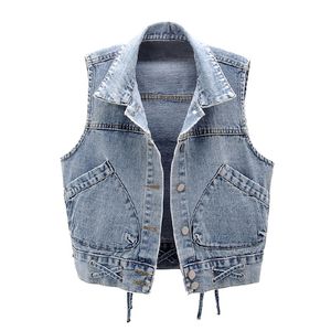 Zoki Denim Women Vest Autumn Plus Size Jean Jacket Fashion Sleeveless Loose Single Breasted Short Coat Causal Bandage Waistcoats 210817