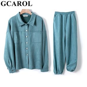 GCAROL Women tracksuits Velvet Jacket And Pants Drop Shoulder Oversized Coat Single-Breasted Elastic Waist Overalls Cargo M,L 210819