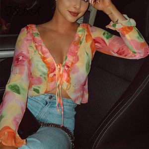 Kadın T-shirt Y2K Çiçek Baskı Uzun Kollu Kırpma Üst Kadın Ruffles Gömlek 2021 Yaz Bahar Rahat V Boyun Bandaj Beach Seksi Wrap T