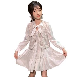 女の子の服の格子縞のベスト+ドレス衣装の大きな弓の女の子の服春秋の子供6 8 10 12 14 210527