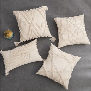 Cushion/Decorative Pillow Beige Tufted Embrpidery Cover Tassels Decoration Cushion 45x45cm/30x50cm Home Sofa Pilow Case Sham