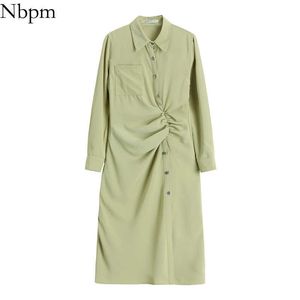 NBPM Mulheres Chique Moda Com Luz Verde Único Breasted Mulheres Midi Dress Elegante Manga Longa Vestidos Mujer Cintura alta 210529