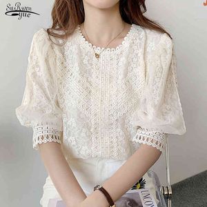 Plus Storlek Blusas Mujer Elegant Patchwork Crochet Women Shirt Ladies Lace Blouse Lantern Sleeve O-Neck Collar Toppar 14376 210521
