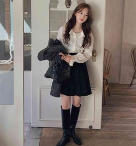 S-Xl Spring Vintage Girls Blouse Womens Shirt Long Sleeves Tops Black Skirts High Waist Two Piece Set Women Separate 210417