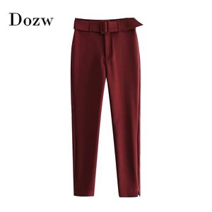 Women Solid Fashion Pencil Pants With Belt Pleated Pockets Casual Trousers Split Wine Red Long Length Bottoms Female Ropa Mujer 210515