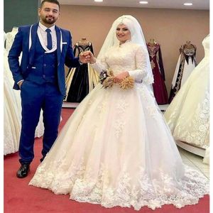 エレガントなアラビアイスラム教徒のウェディングドレス2021長袖ボールガウンドバイ花嫁のドレスハイネックアイボリーレースカントリーブライダルガウンローブデソーリー