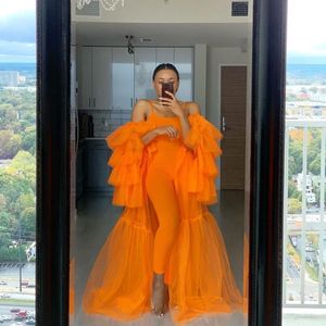 2021 Turuncu Seksi Tül Bayanlar Annelik Pijama Elbise Ruffles Nightgowns Photoshoot Için Lingerie Bornoz Gecelik Bebek Duş