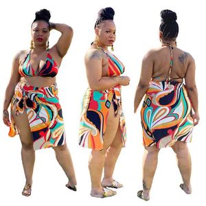 Plus Size 3 Piece Bikini Set Women Wholesale Print High Waist Wire Free Top Beatch Bathing Suits Summer Clothing Drop 210629