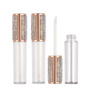 Lip Gloss Packing Bottle Tube Container 5ml Rose Gold Silver Rhinestone Glitter Lid Luxury Tom Round Clear Plastfyllningsbar Flytande Läppstift Förpackning