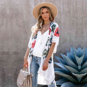 Boho Printed Bikini Cover-ups Sexy Short Sleeve Long Kimono White Tunic Women Summer Beach Wear Swim Suit Cover Up A874 210420