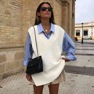 Knitted Side Slit sweater vest women casual oversized white loose vest pullovers winter sleeveless chic top 210415