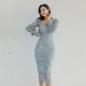 Koreansk Elegant Ljus Blå Lace Dress Puff Sleeve Square Neck Slim Formal Party Club Vår Höst Casual Klänningar