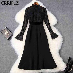 Höst Winter Mermaid Dress Women Lace Patchwork Slim Long Flare Sleeve Stand Collar Black Party Office Lady Crriflz 210520