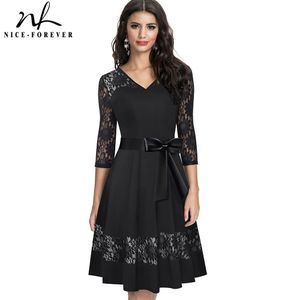 Nice-forever Retro Elegant Lace Patchwork with Sash vestidos Party Women Flare A-line Autumn Dress A182 210419