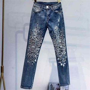 Mode Vintage Plus Storlek Kvinnor Lyx Broderade Flares Diamond Denim Jeans Beaded Skinny Pencil 210809