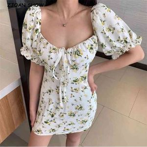 France Style Vintage Bandage Bow Square Collar Puff Sleeve Floral Women Dress Retro Slim Package Hips Mini Short Dresses Holiday 210429