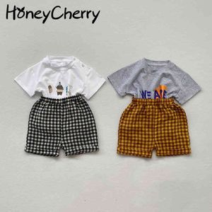 Baby summer suit boy and girl baby cartoon short sleeve top + plaid shorts two sets girls clothing set 210515