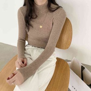 Autumn And Winter Half High Neck Long Sleeve Slim Simple Pullover Women 210514