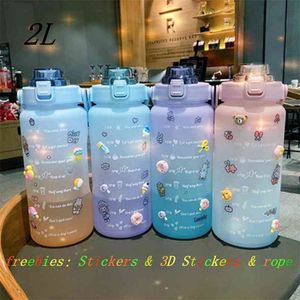 2L Large Capacity Water Bottle Outdoor Tour Climbing Hiking Self-Driving sport Water Bottle with Stickerstime Marker Fitness Jug 210917