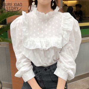 Słodki Wzburzyć Zszywanie Jesienne Topy Stand-Up Collar Sleeve Puff Sleeve Biała Bluzka Kobiety Polka Dot Haft Koszula Blusas Mujer 12720 210528