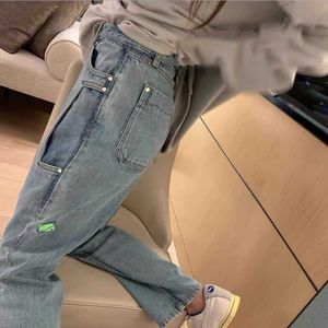 21 Fall Ade Jeans Women's Elastic Waist Drawstring Loose Straight Pants Men's Handmade Tear