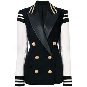 High Street Moda Elegante Blazer Varsity Casaco de Couro Mulheres Lão De Couro Lion Botões 211019