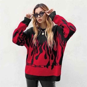 Streetwear Yangın Baskı Kadın Örme Kazak Bayanlar Güz Kış Alev kadın Büyük Boy Kazak Kadın Kazaklar Üst Jumper 210415