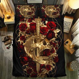 Fanaijia 3D impresso Skull Skull Set King Size Rose Rose Cobertura Conjunto com Pillowcase Au Cama Queen 210615